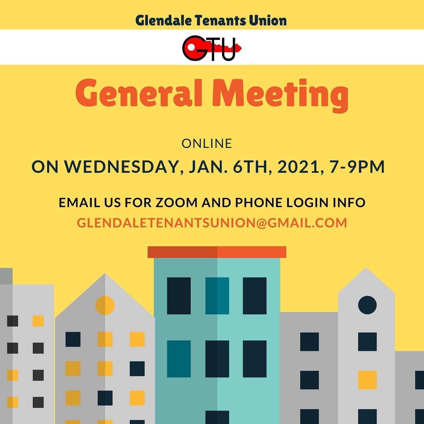 Are you as excited as we are for our first General Meeting of 2021? 
Come join your neighbors this Wednesday as we kick off the new year with our evergreen objective of building tenant power in Glendale! ✊
DM or email for zoom link 💫