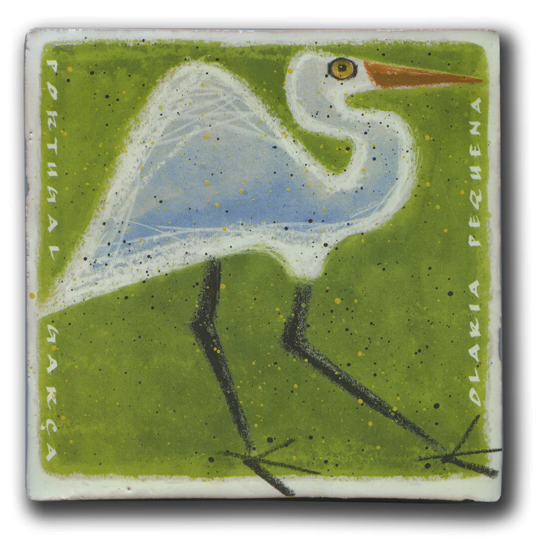 Handmade tile/azulejo 140X140X17mm with egret/garça design in green
