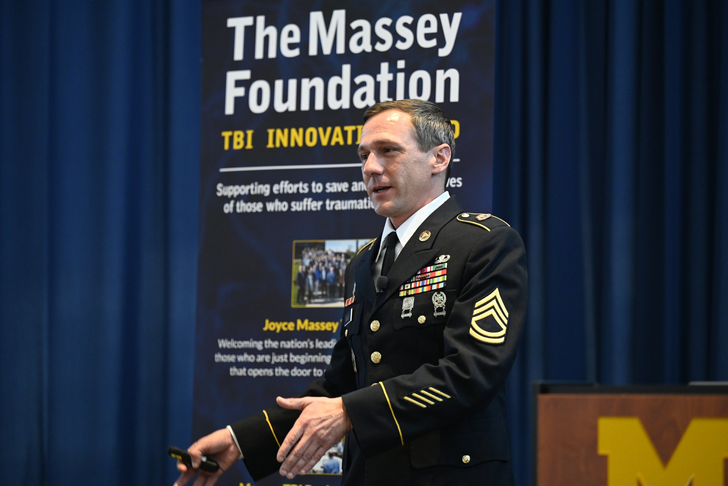  Sergeant First Class Hunter Black, Senior Enlisted Advisor for the U.S. Army Medical Materiel Development Activity, spoke on how the various research branches of the Department of Defense work together, as well as what they look for when funding TBI