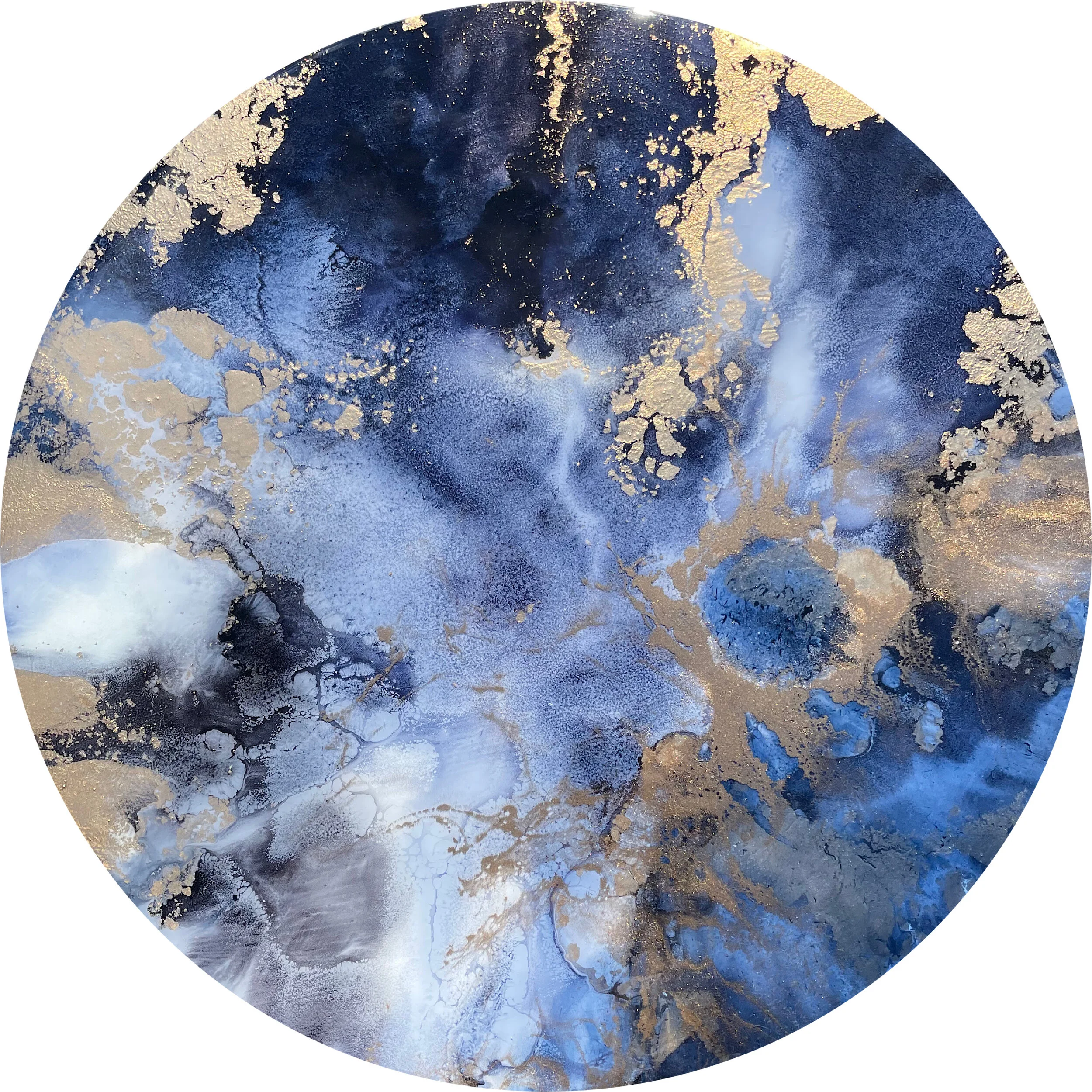 Tropical StormSOLD 30cm x 1” Alcohol Ink, Resin, Acrylic and Pigments on a Wood PanelSuitable for use as a stool or small side table (coasters recommended - glass top not suitable for this piece due to slight rounded nature of the top) - Sold as wall art or a table top.  Legs can be provided at an additional cost or simply choose your own legs.£190 + Shipping