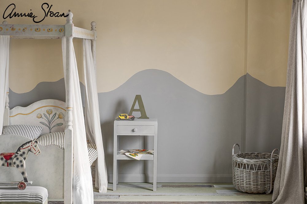 Old Ochre and Paris Grey Wall Paint, Swedish Bedroom, Kids four poster bed, Detail Brush detail bed image 1.jpg