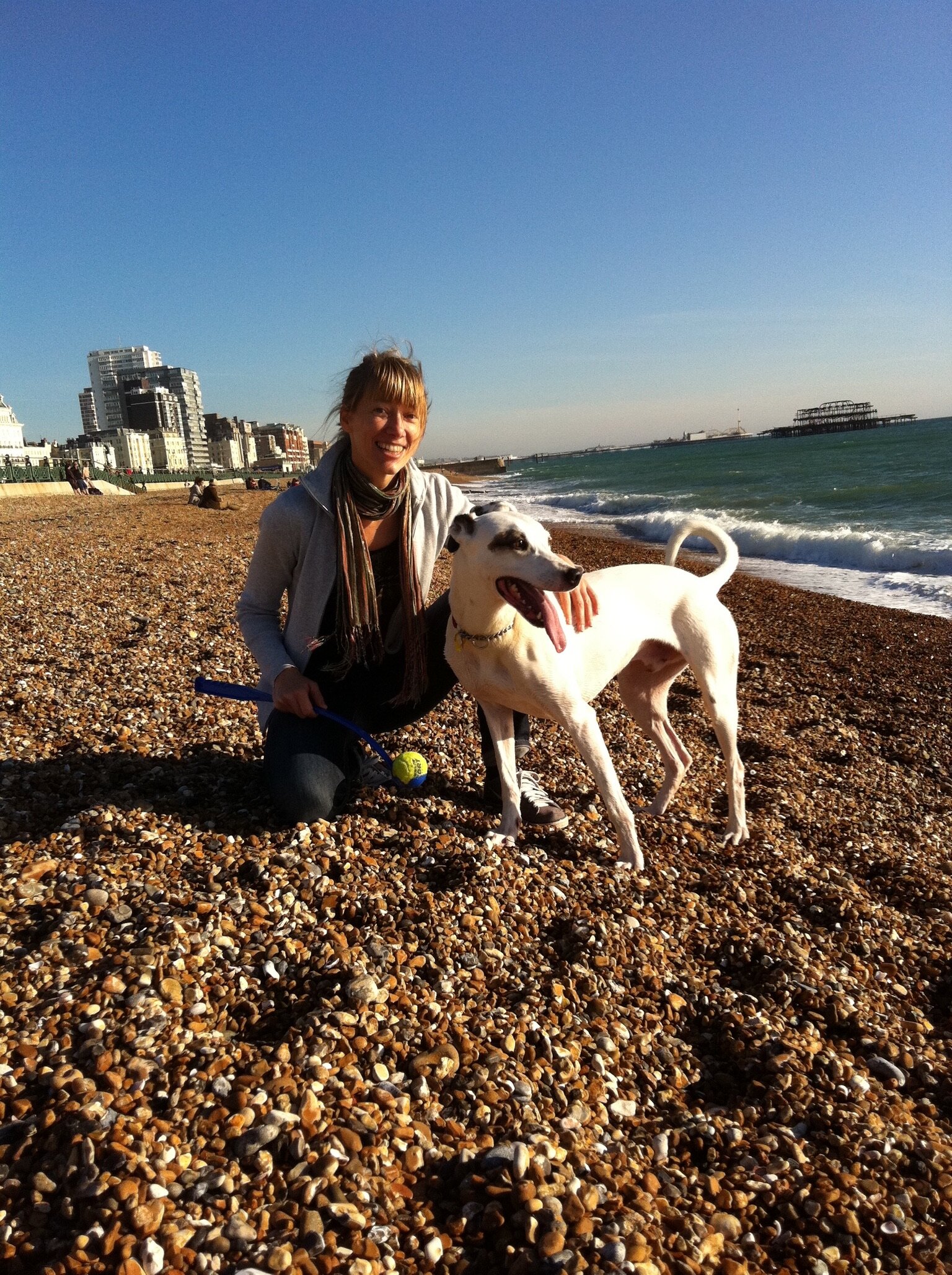 Digby and owner Jenny, playing ball on Brighton Beach