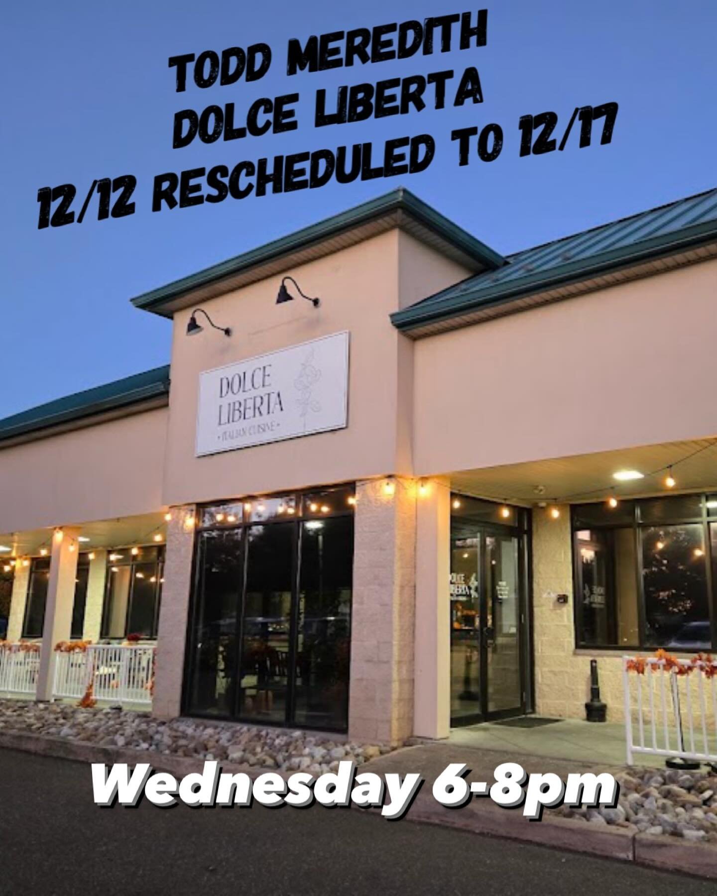 I apologize for the late announcement, but my gig at Dolce Liberta tonight has been canceled and rescheduled for Wednesday 12/17 from 6-8pm. Hope to see you then for some quality Italian food with acoustic background entertainment!  #livemusic #manah