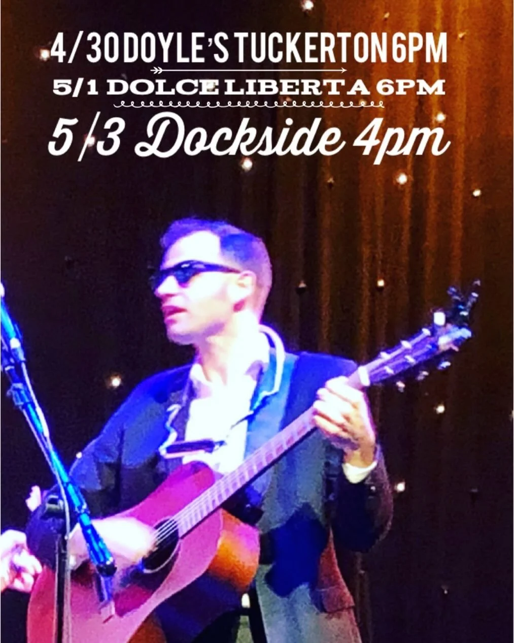 This weekend&rsquo;s schedule :
Thursday : @doyles_pour_house_tuckerton 6-9pm.  Friday: @dolceliberta_nj 6-8pm.  Sunday: Dockside Cafe Tuckerton 4-8pm.