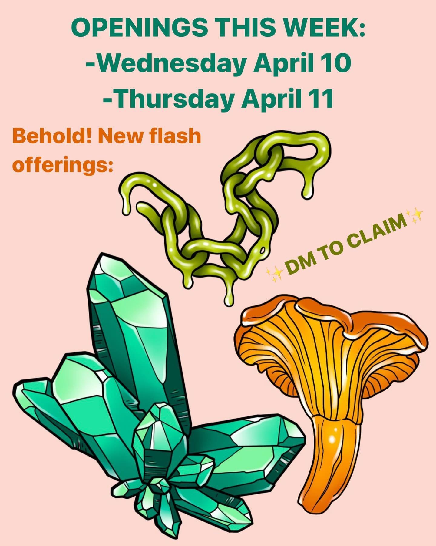 LAST-MINUTE FLASH OPENINGS THIS WEEK
-Wednesday April 10
-Thursday April 11
&hellip;
✨New flash offerings as well as some I haven&rsquo;t done yet or am excited to do more of!!
✨Start time 1-4pm, depending on piece
✨Small custom maybe accepted if eno