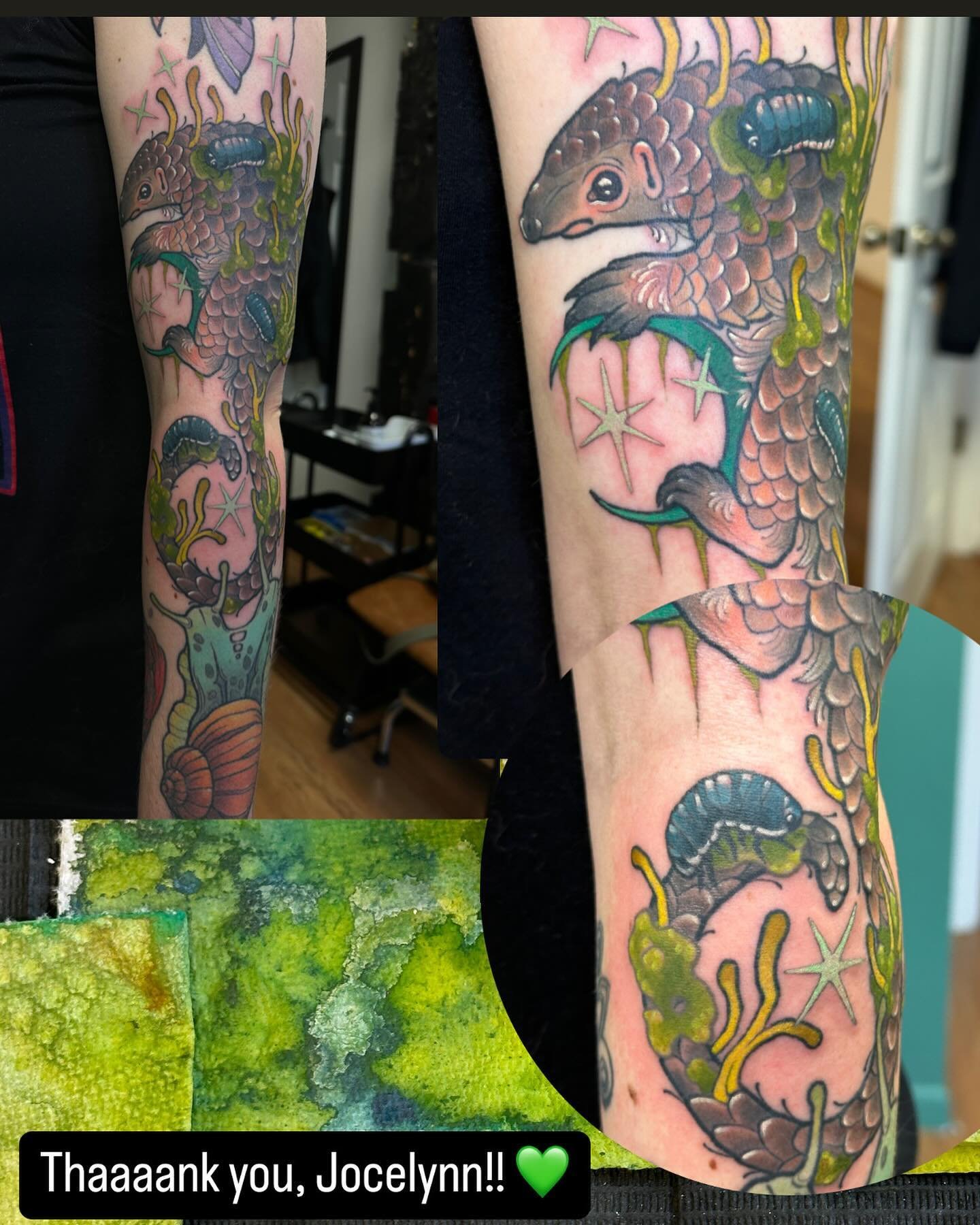 Pangolin pal for Jocelynn💚✨
Thank you SO much!! This little guy was sooo much fun to make~
(We did this in 3 sessions, 1 for lines and 2 for color)
.
.
.
#Tattoo #ladytattooers #ohiotattooers #qttr #columbustattooers #pangolin #pangolintattoo #rolyp