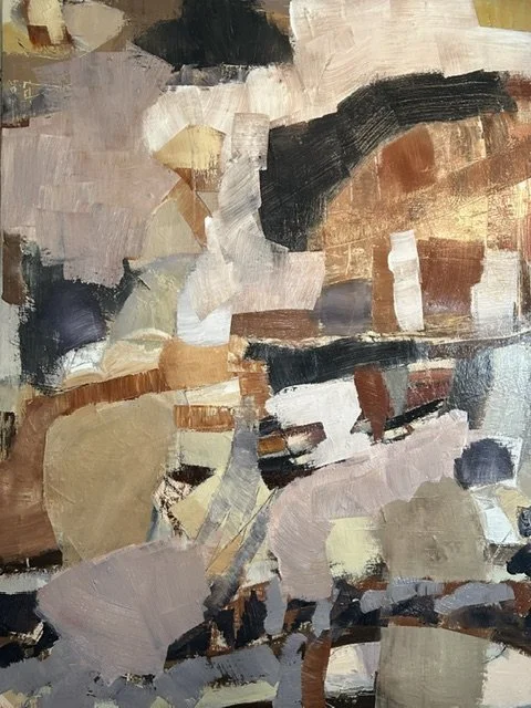 Stacked abstract shapes in neutral colors of brown, gray, dusky pin, copper, gold and white.