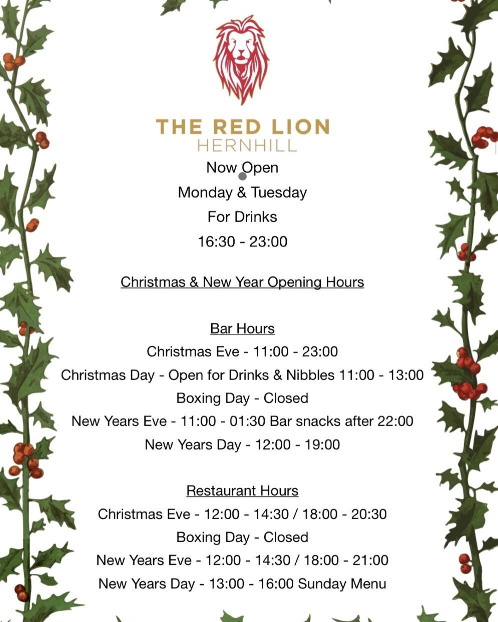 Christmas and New year opening hours