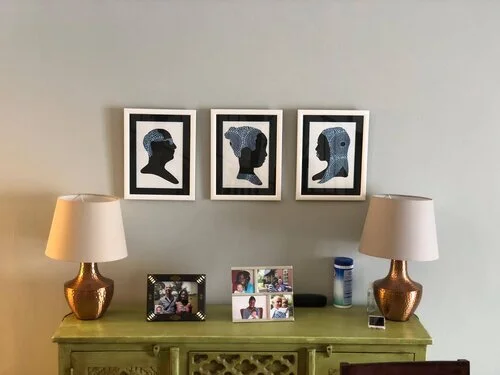 Birungi Kawooya offers a bespoke commissions service. Three black and blue silhouette portraits