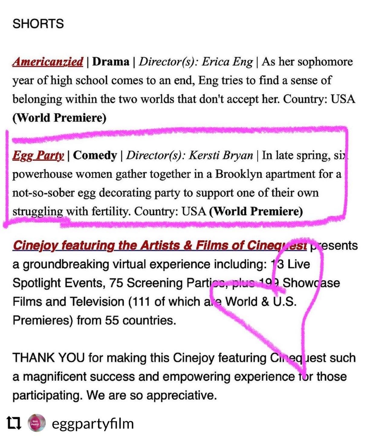 Today is the LAST DAY to catch our film and apparently we&rsquo;re a &ldquo;trending hit&rdquo; so don&rsquo;t miss it! Thanks Cinequest! 
#Repost @eggpartyfilm
- - - - - -
@eggpartyfilm recognized as a &ldquo;TRENDING HIT&rdquo; at @cinequestorg. So