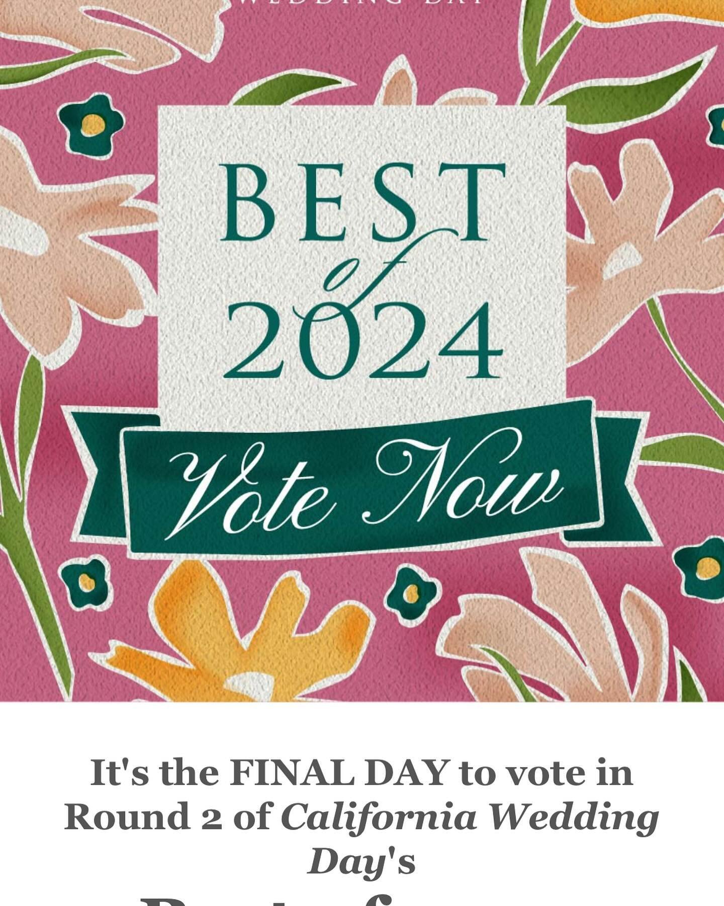 Today is the FINAL DAY to vote in the 2nd and last round for wedding vendors for @californiaweddingday ! Only wedding industry folks can vote in these finals. So, colleagues and industry friends, can you please take just a moment to vote for me for B