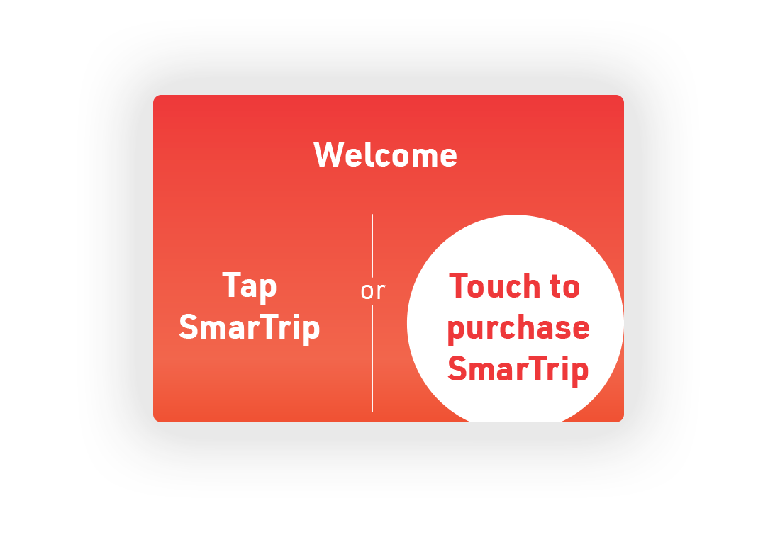 1. Start screen when you approach the kiosk; either tap SmarTrip card, or touch the icon on the screen to purchase one.