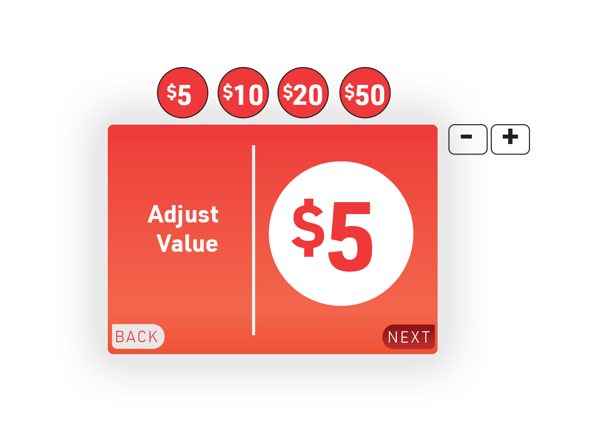 5. Add value screen: Tap physical buttons above screen to increase value, and use “- +” buttons to adjust but $1.