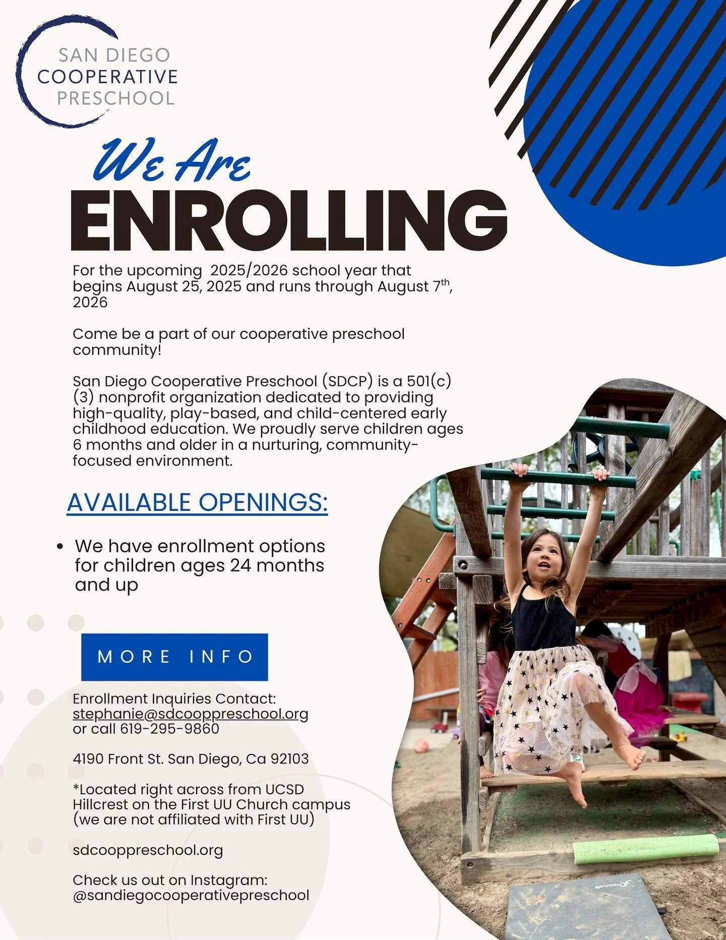 One more week until we&rsquo;re back to school! We still have a few openings in San Diego&rsquo;s only cooperative preschool. Share with your family and friends and reach out today to enroll before the start of the &lsquo;25-&lsquo;26 school year on 