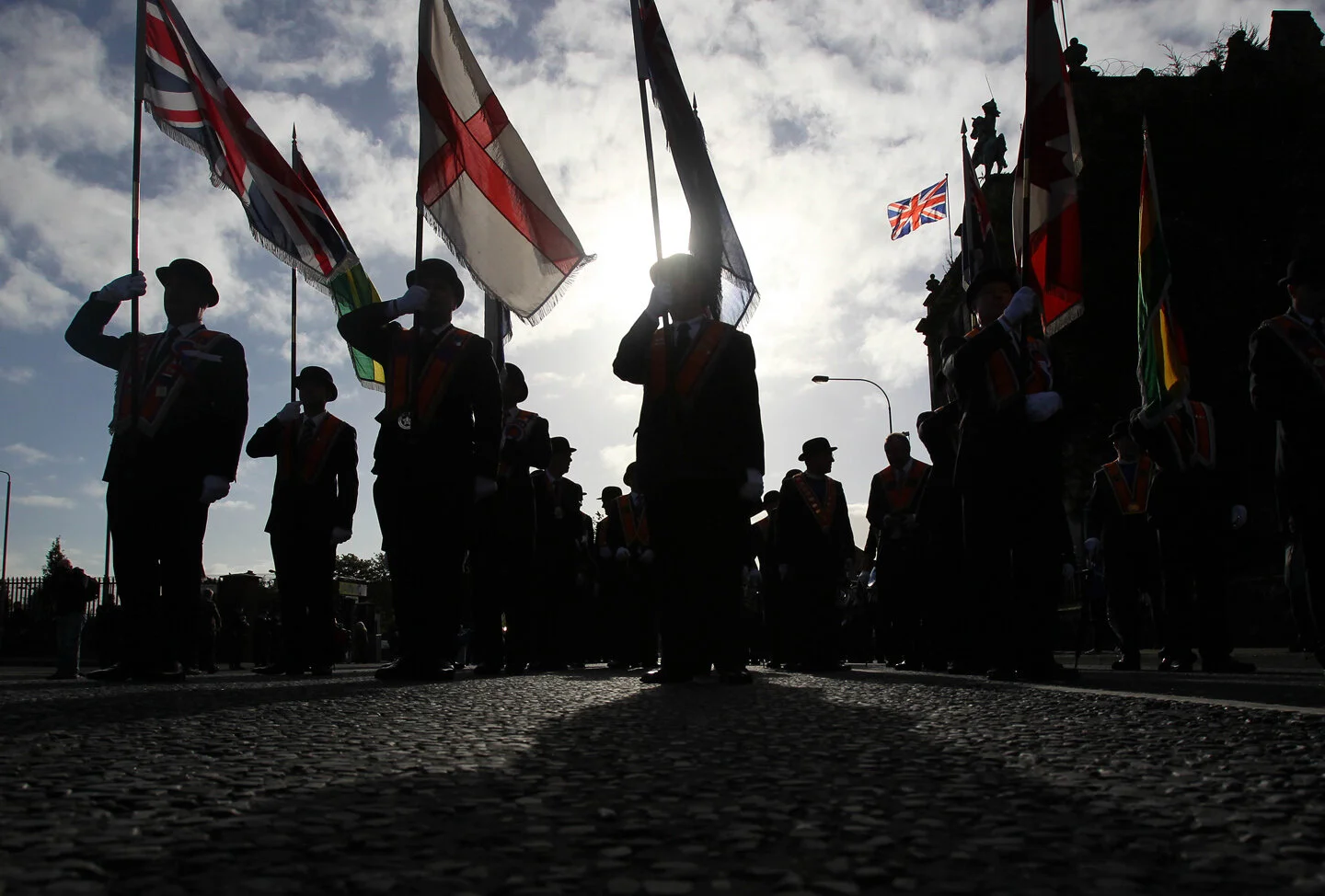  Orangmen prepare to march pass St.Patrick Catholic Church in north Belfast, Northern Ireland. The contentious feeder parade past a north Belfast Catholic church is among the six-mile march from central Belfast to Stormont Parliament building which m