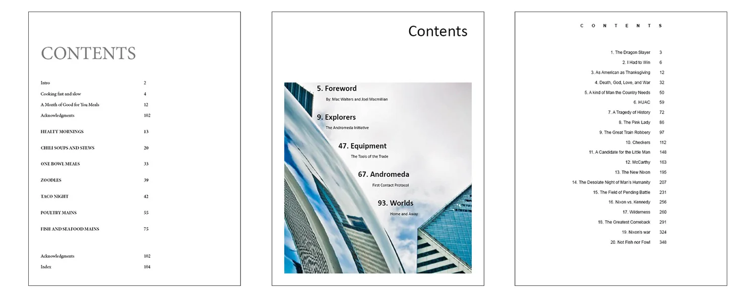  This Table of Contents typographic study was for the purpose of exploring effective treatments of typography and hierarchy. 