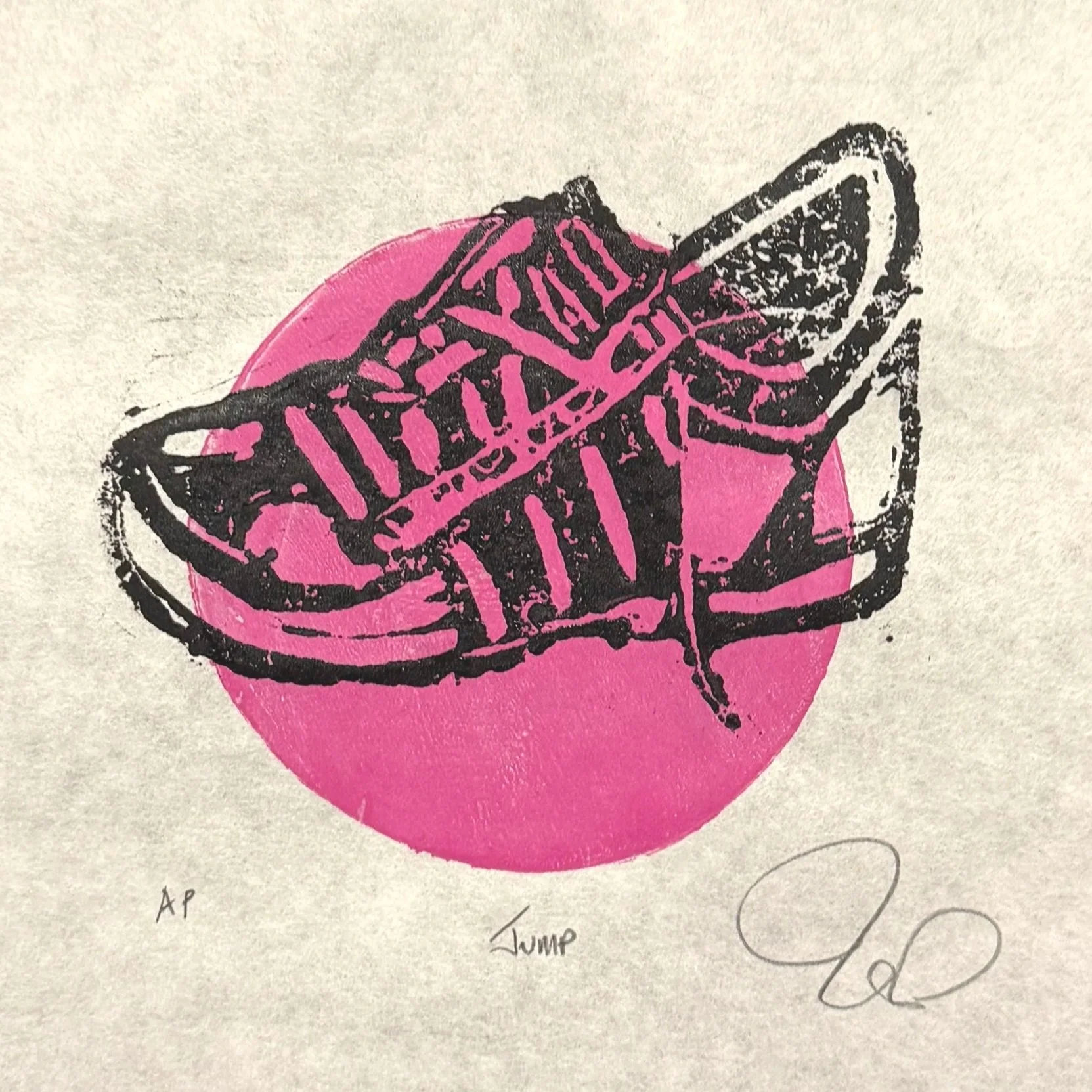 Jump (relief print on paper, 8 x 10)