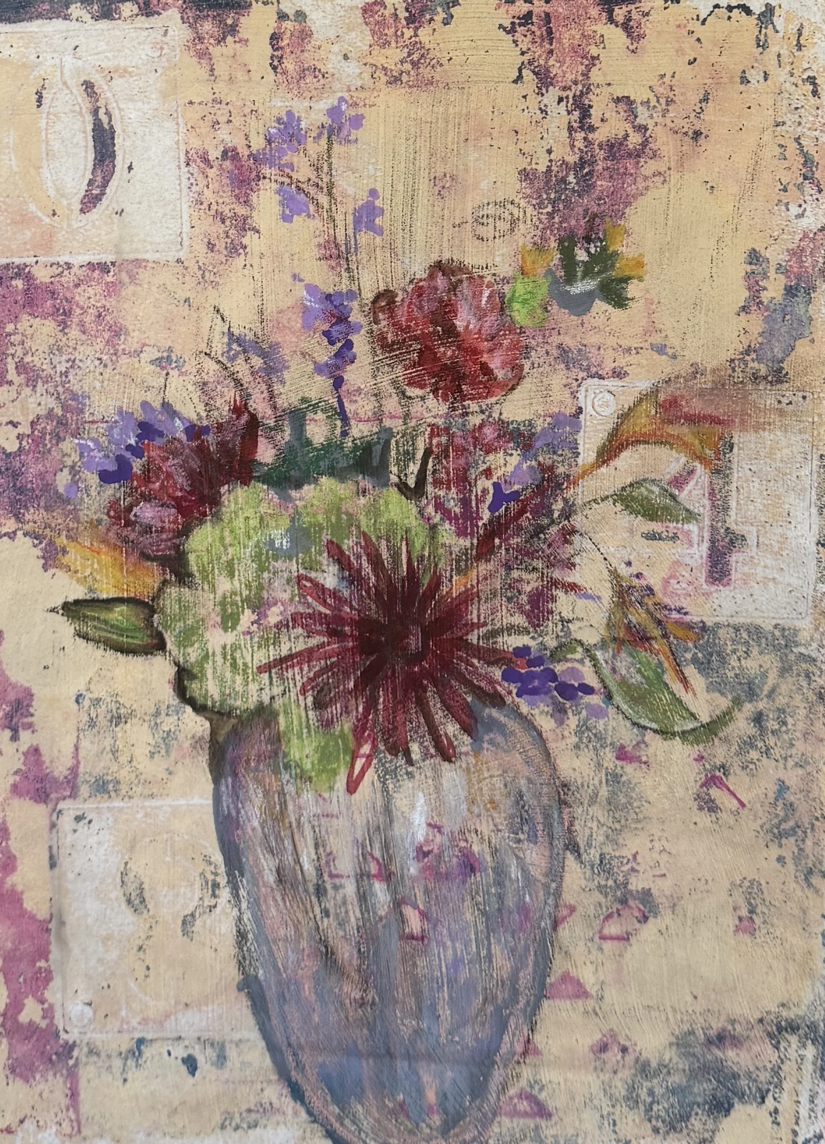 Still Life with Mums (monotype, 8x10)