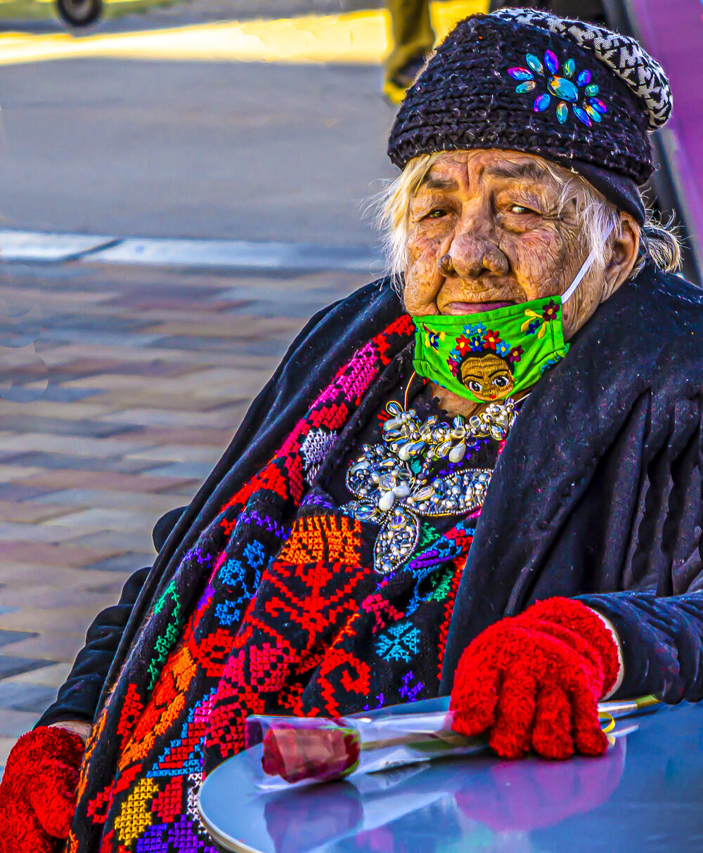 Old Woman in Mask with Rose on Dia de los Muertos 2020