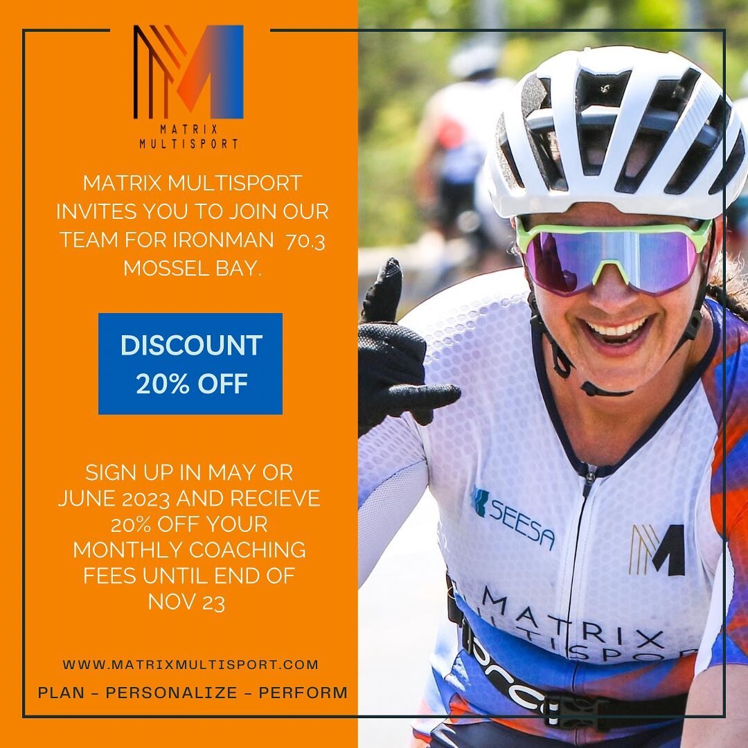 **** Matrix Multisport invites you to join our team for Ironman  70.3 Mossel Bay ****

We are excited to offer all new athletes a discount of 20% off your monthly coaching fees if you sign up with us in May / June for Ironman Mossel Bay 70.3 2023 💙?