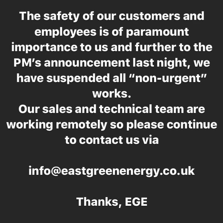 East green energy have made the decision to close to non-essential works. Office staff have been set up to work from home and assist when and where we can.

Stay safe