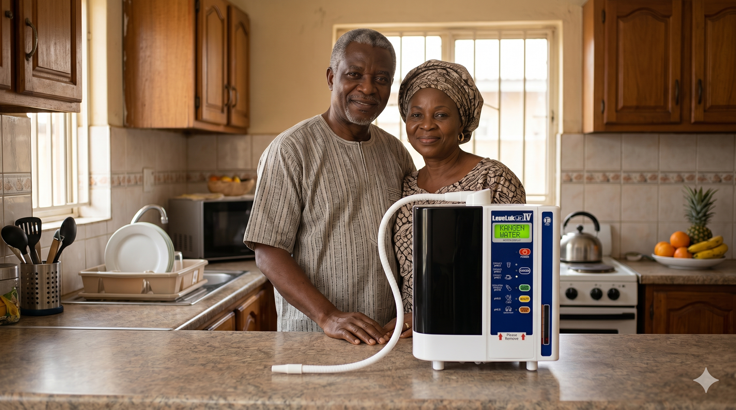 Enagic Leveluk JRIV water machine on a practical kitchen counter with a happy, older Nigerian couple.