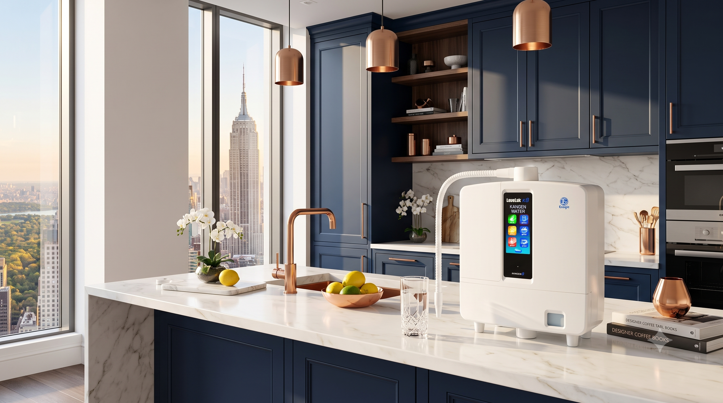 The flagship Leveluk K8 Kangen Water ionizer displayed on a white marble countertop in a luxury modern kitchen.