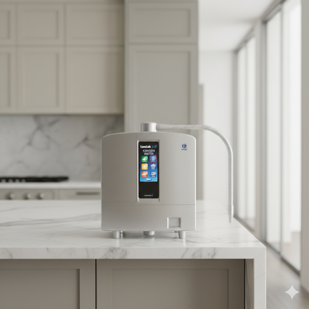 Enagic Leveluk K8 Kangen Water machine in a modern kitchen, medical-grade alkaline water ionizer Europe.