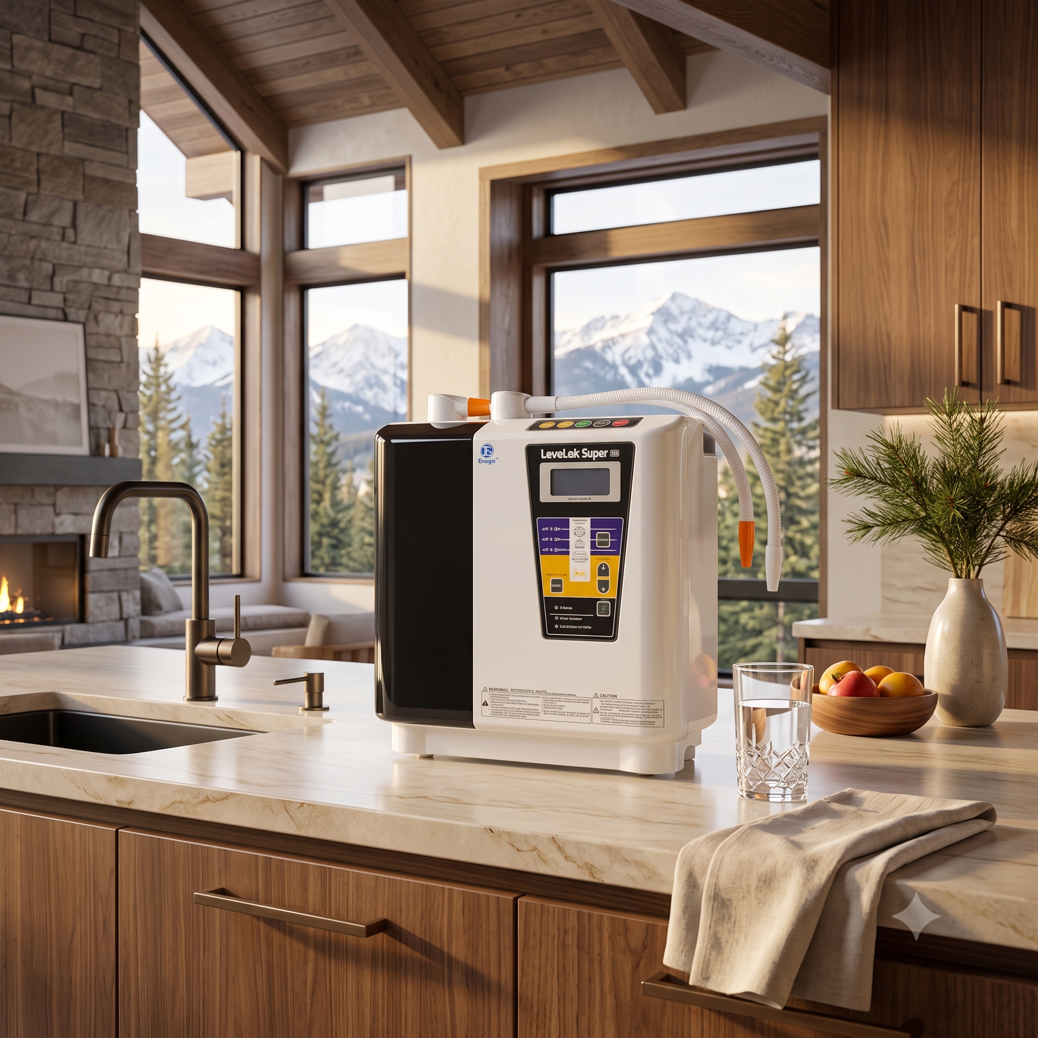 Enagic Super 501 12-plate commercial high-output water ionizer displayed on a natural stone countertop.