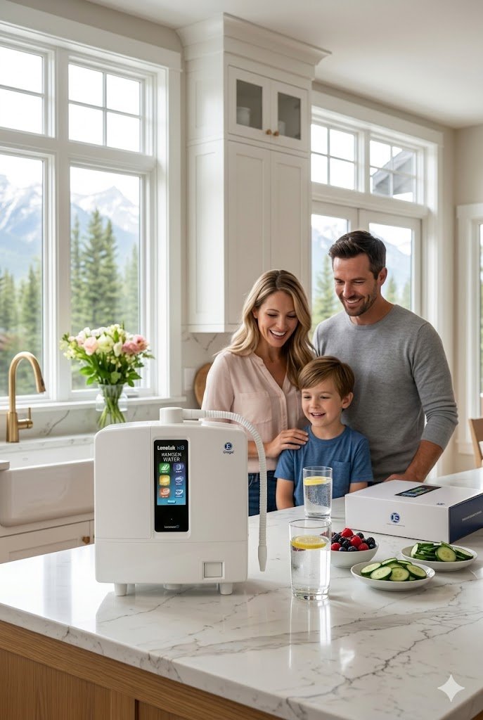 Canadian family using the Enagic Leveluk K8 Kangen Water machine in their home kitchen, available for direct delivery in Canada.