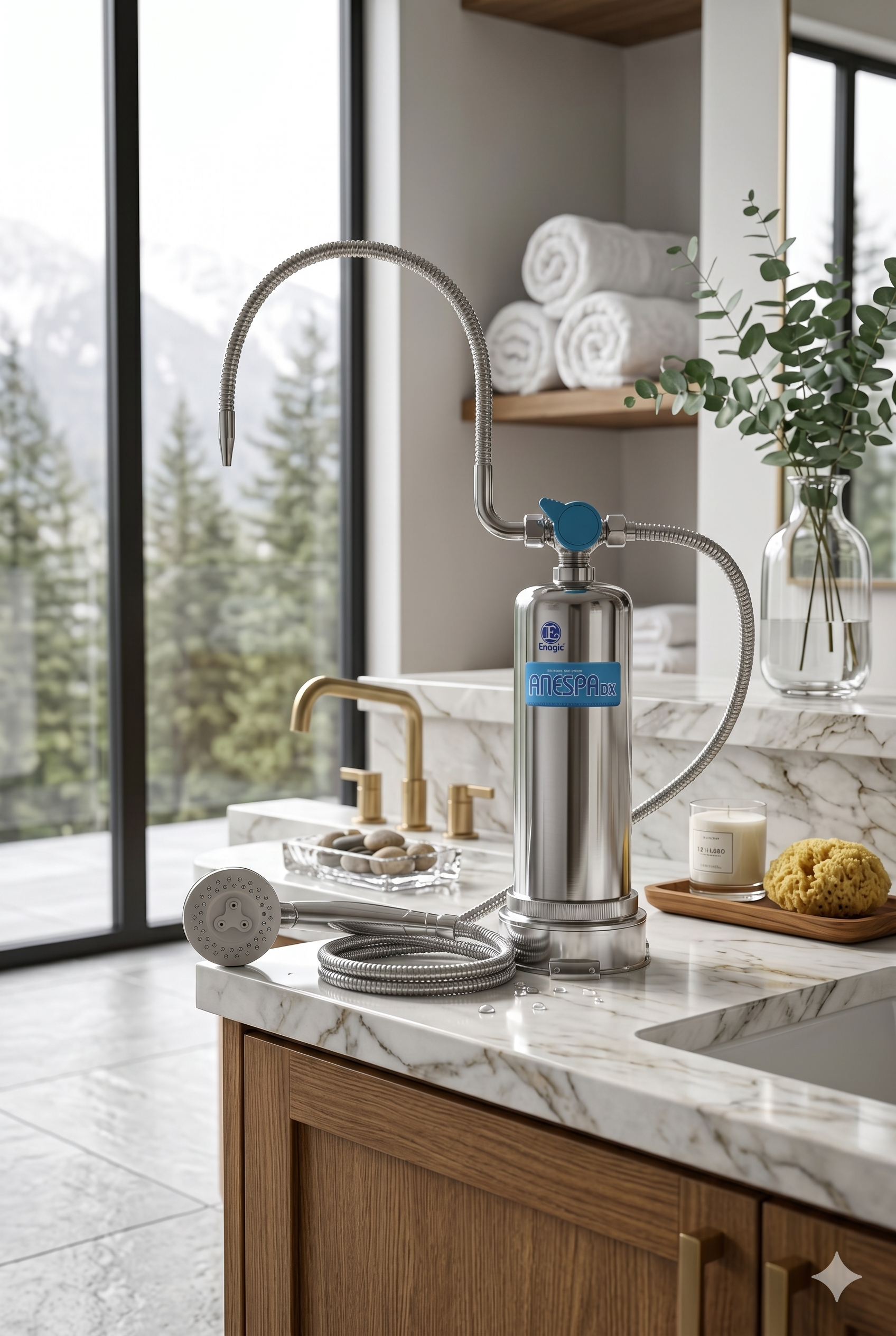 Enagic Anespa DX mineral ion shower spa system installed in a modern bathroom, available for direct delivery in Canada.