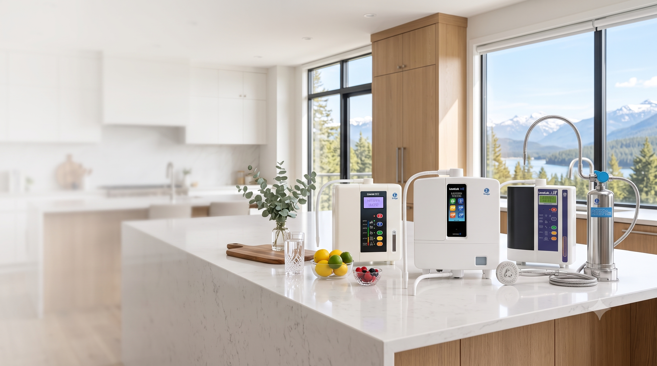 Four Enagic Kangen Water machines including the Leveluk K8, SD501 DX, JRIV, and Anespa DX displayed on a kitchen counter, available on Canadian monthly E-payment installment plans.