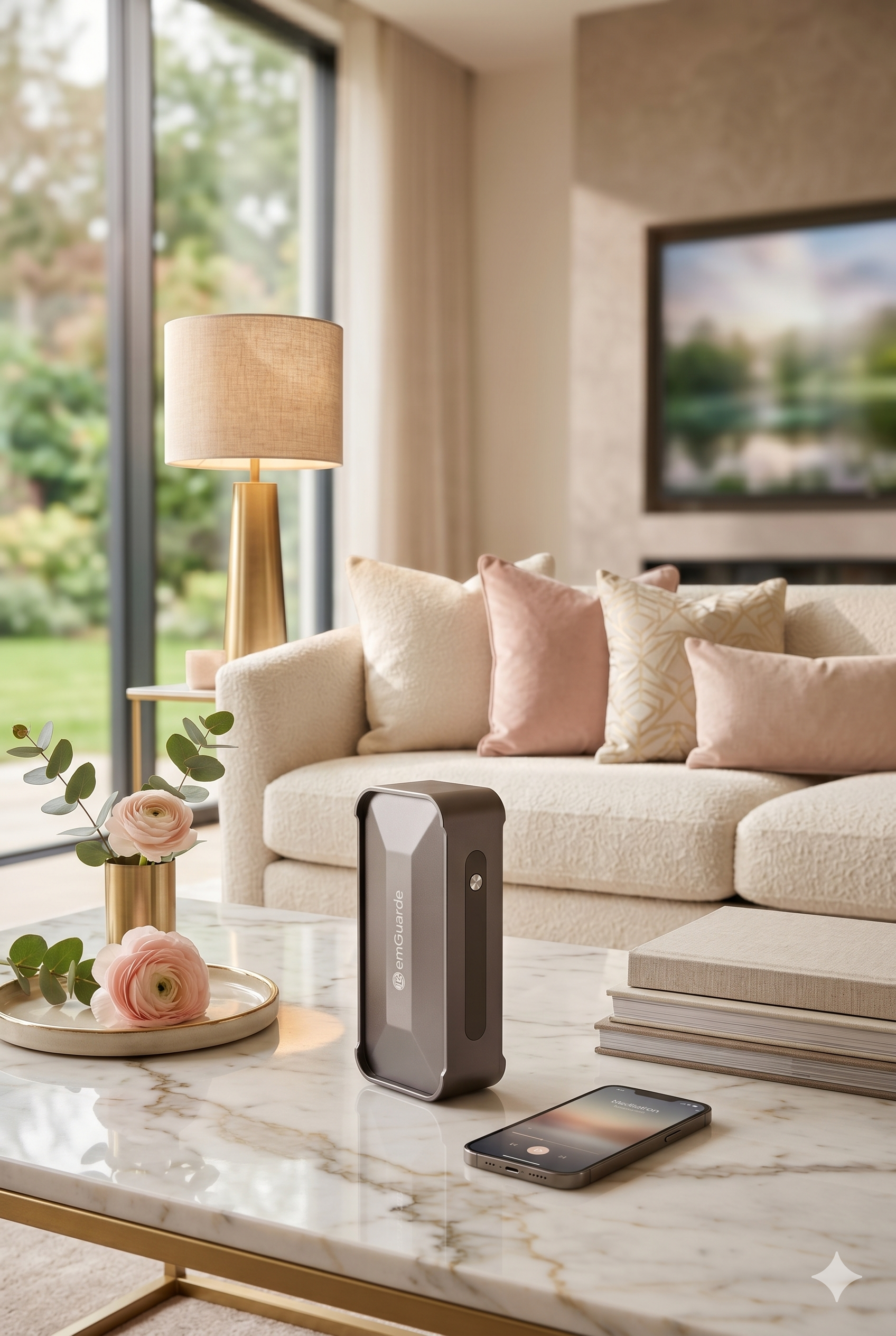 Enagic EmGuarde placed on coffee table of luxury soft pink living room giving EMF protection from Smart TV and Mobile Phone.