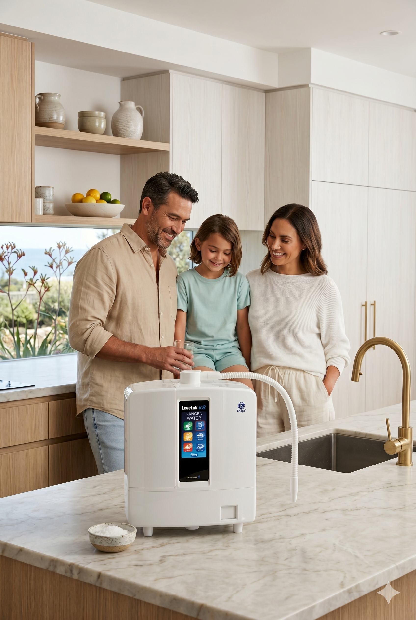 A Kangen K8 Water Machine displayed in a beachside luxury kitchen in Queensland Australia with a family admiring their new water ionizer.