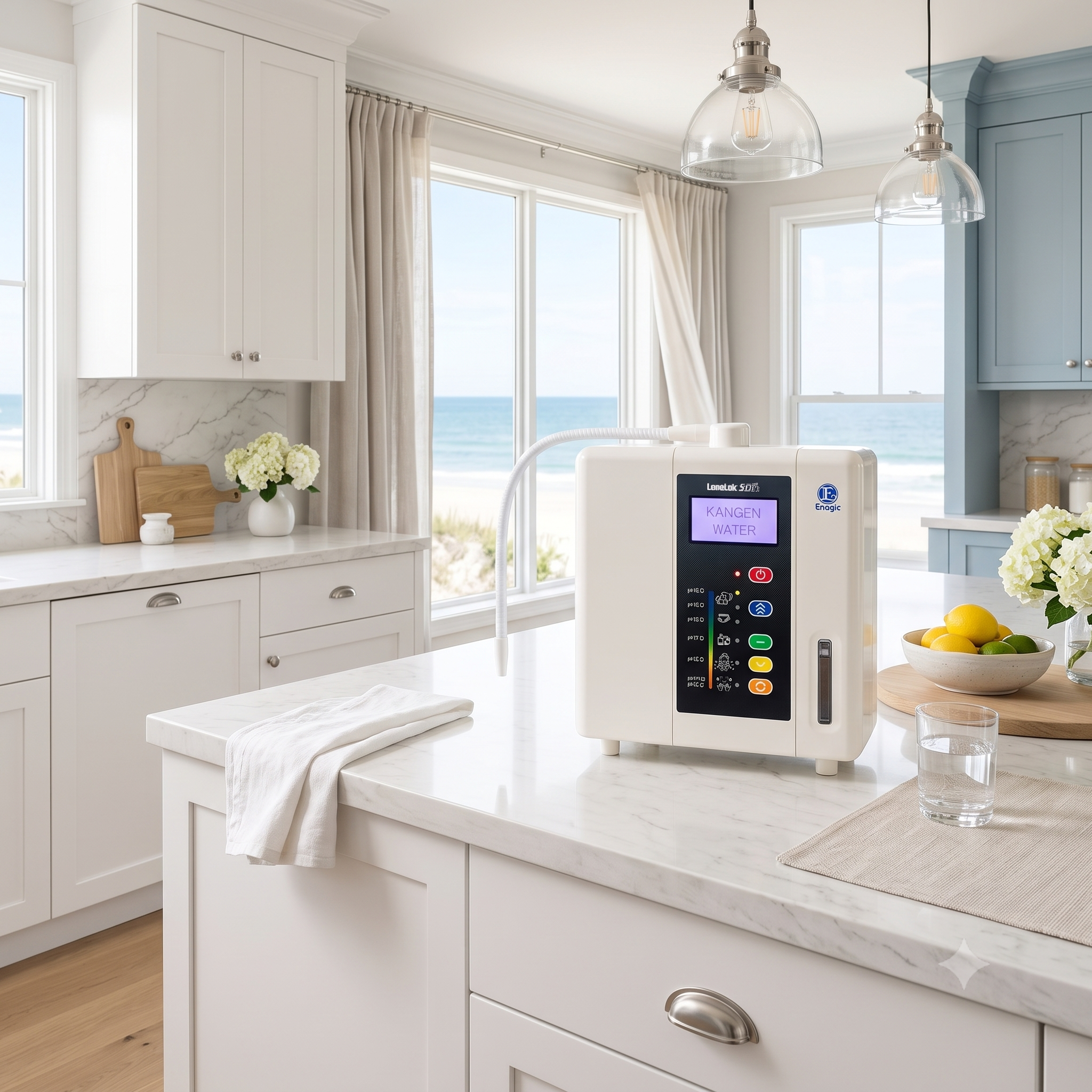 Leveluk SD501 DX heavy-duty household Kangen Water ionizer in a modern American kitchen.