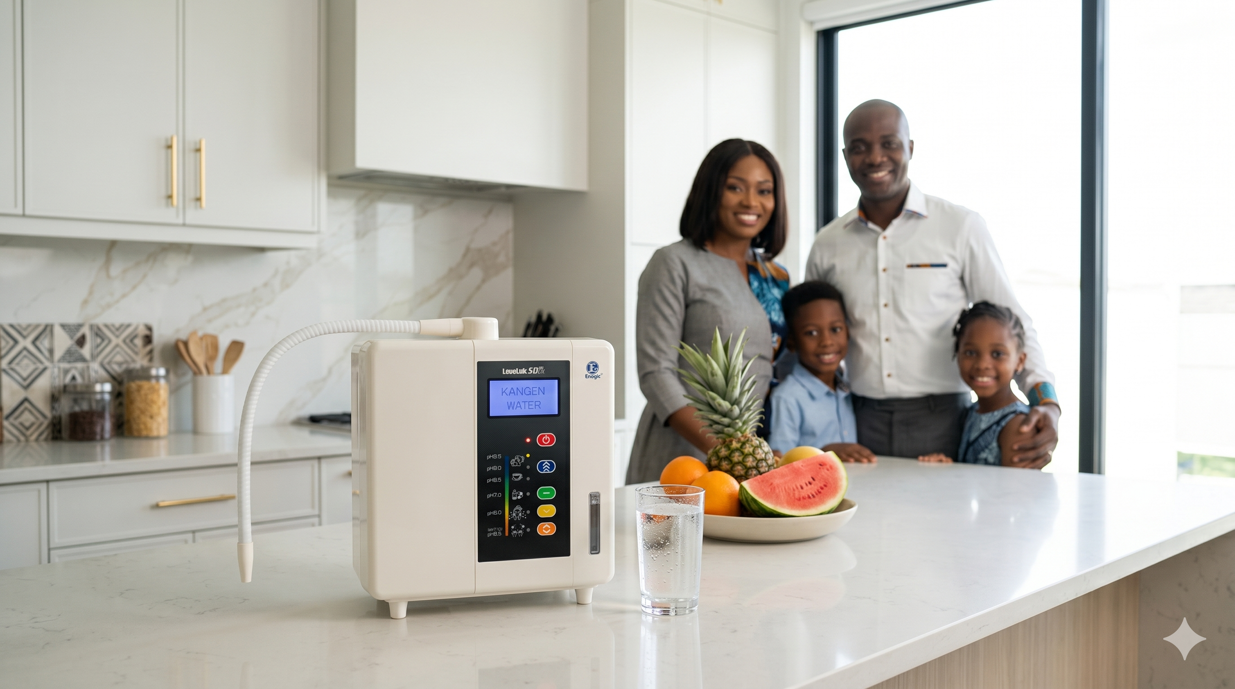 Enagic SD501DX water ionizer on a white quartz kitchen counter with a smiling Nigerian family in the background.