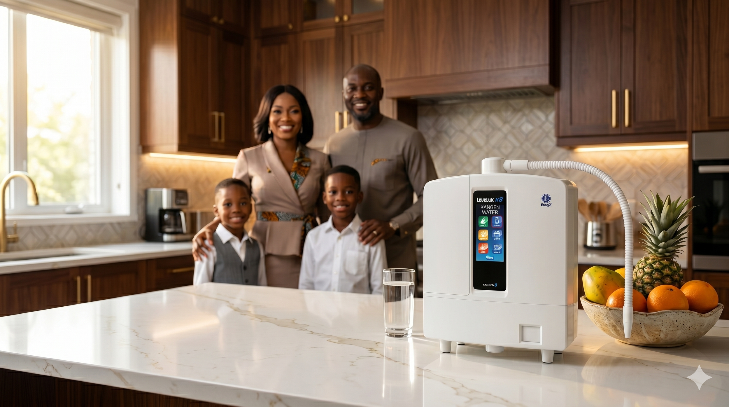 Enagic Leveluk K8 Kangen Water machine on a marble countertop in a luxury Nigerian kitchen with a modern family.