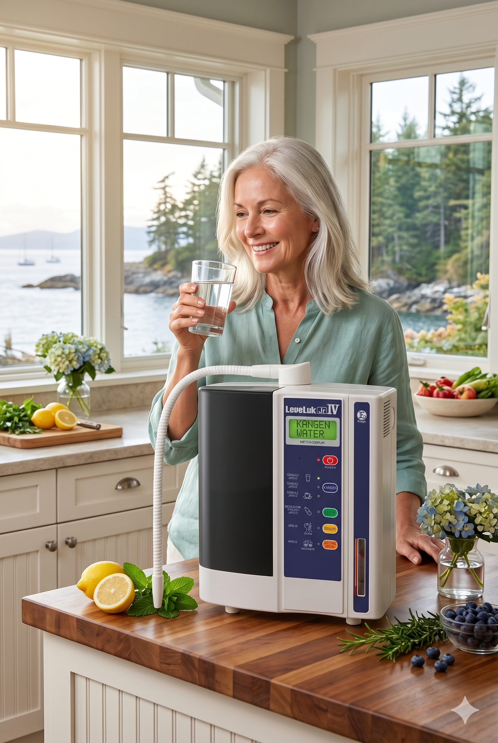 Enagic Leveluk JRIV compact Kangen Water machine on a kitchen counter, available for direct delivery in Canada.