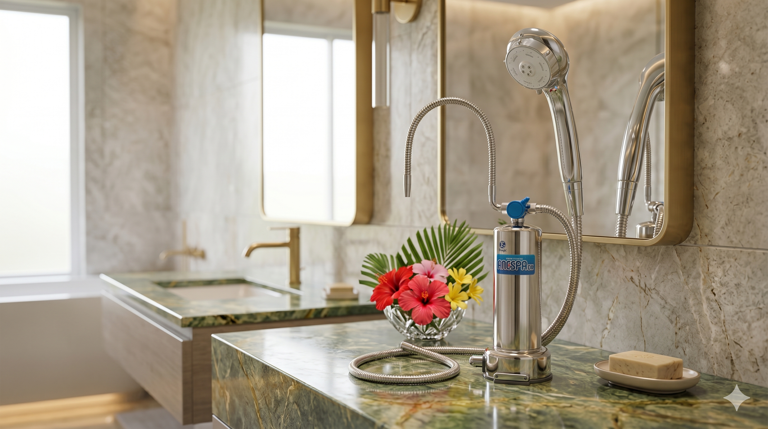 Enagic Anespa DX home spa shower system displayed on a luxury marble bathroom vanity with tropical flowers.