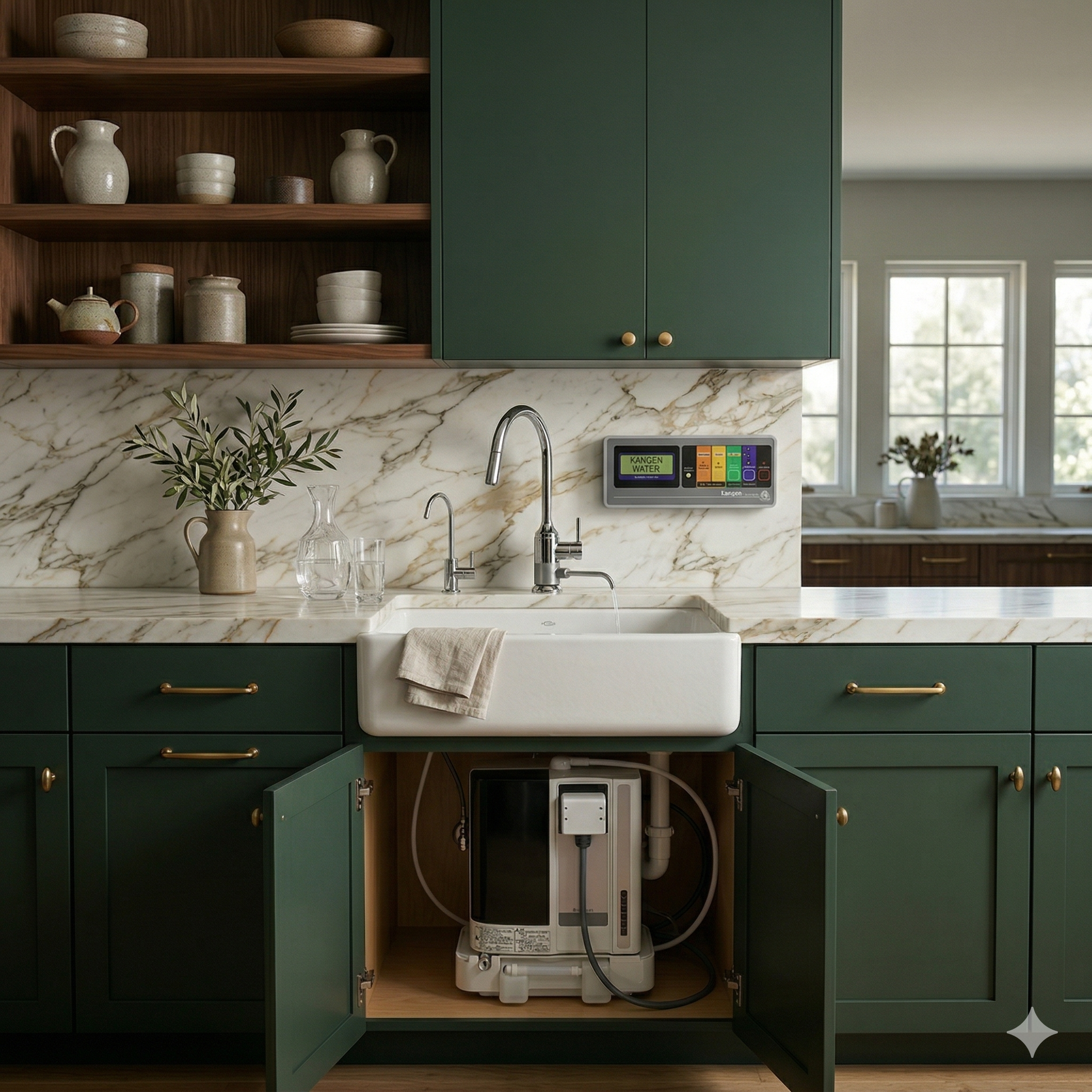 Leveluk SD501U undersink Kangen Water machine with metallic control faucet installed on a kitchen counter.