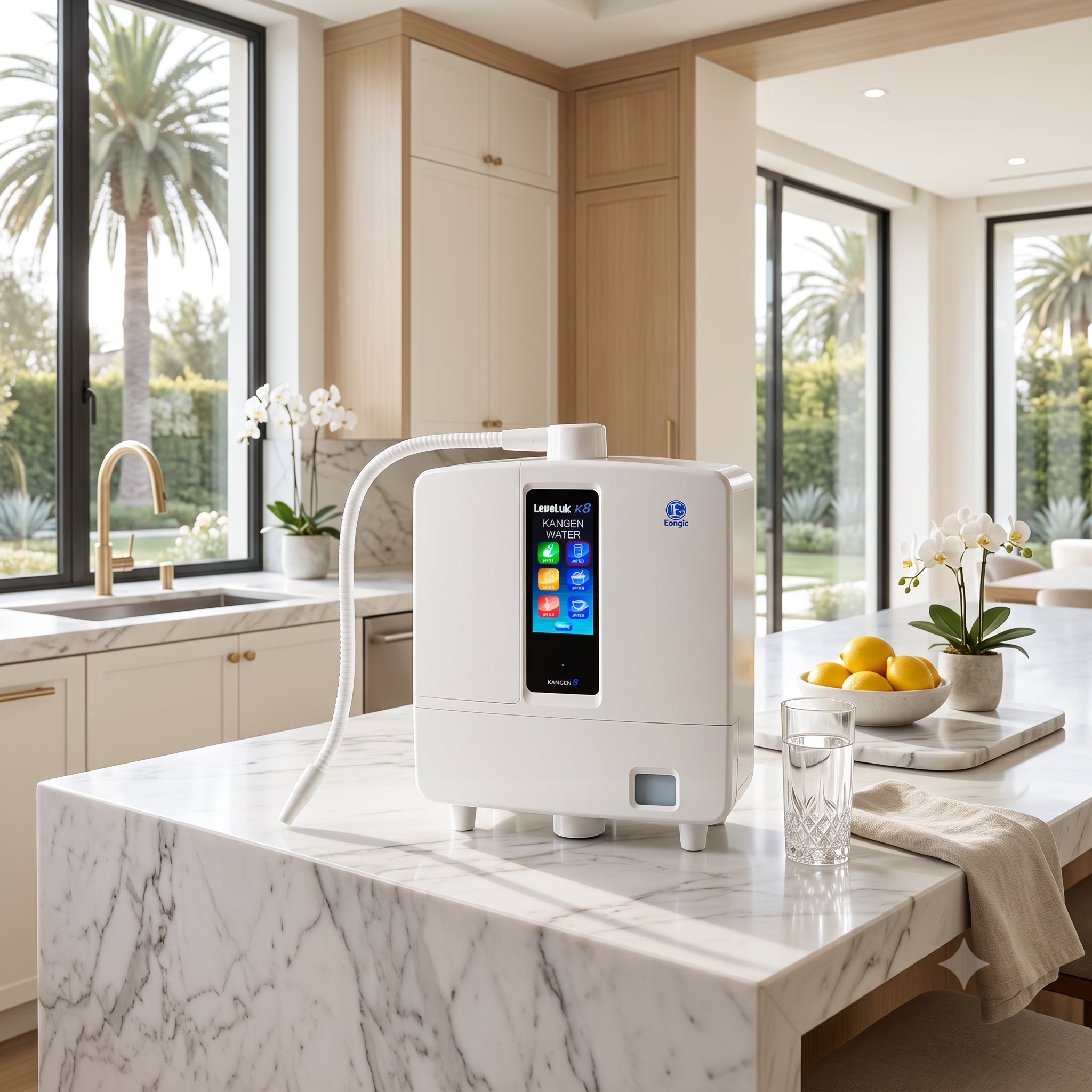 Leveluk K8 8-plate Kangen Water ionizer machine with touchscreen interface on a luxury kitchen countertop.