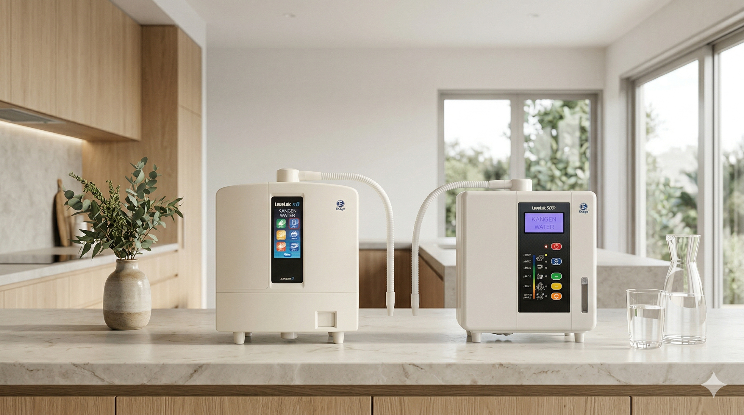 A Leveluk K8 and Leveluk SD501DX Kangen Water Machine on a kitchen counter in New Zealand.