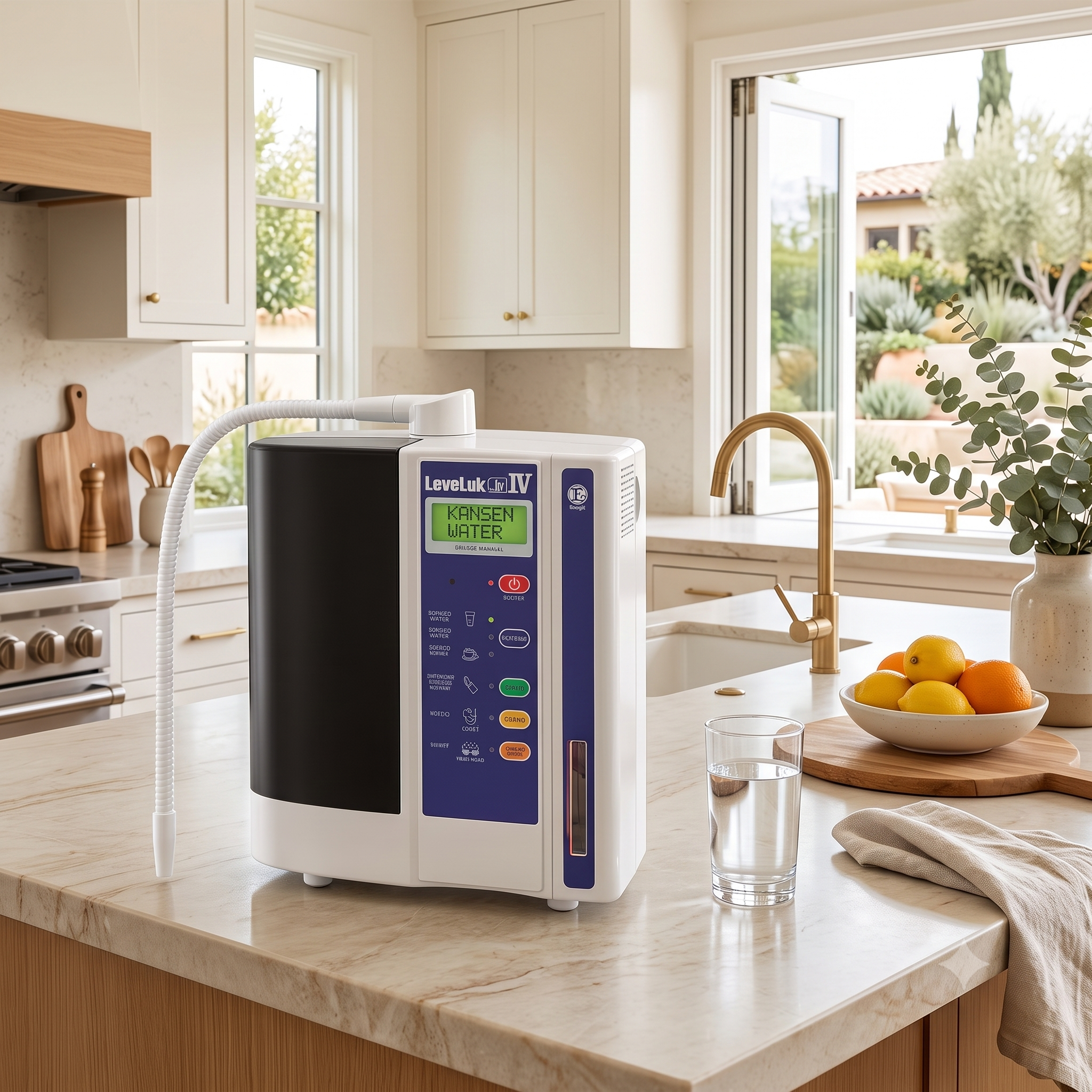 Leveluk JRIV compact 4-plate Kangen Water ionizer machine in a contemporary kitchen setting.