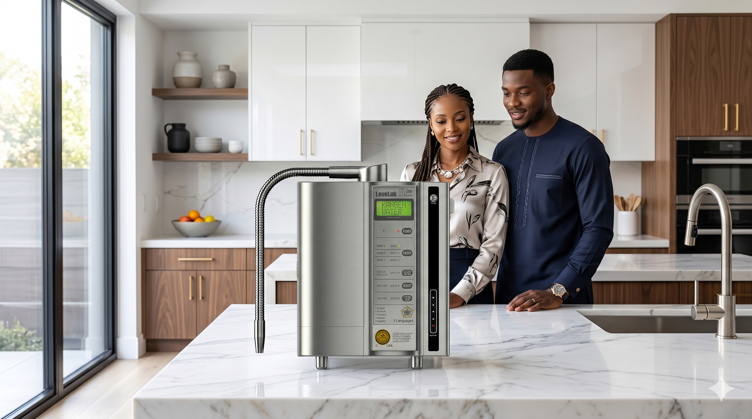 Leveluk SD501 Platinum Kangen Water ionizer in a high-end, ultra-modern Nigerian kitchen with a stylish young couple.