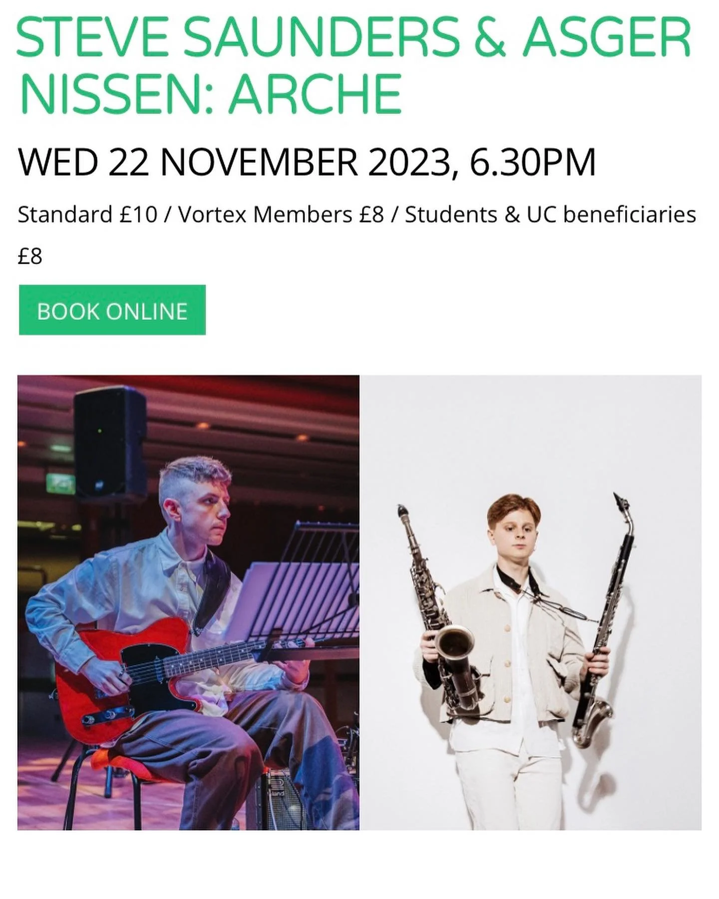 Only two weeks until me, Berlin mofo @asgernissen and @kaichareunsy hit @vortexjazzclub and @mac_birmingham with our bassless trio &lsquo;arche&rsquo; 🎸

Wed 22nd Nov: Vortex - 7:30pm music, &pound;8/&pound;10
Fri 24th Nov: MAC - 8pm music, &pound;9