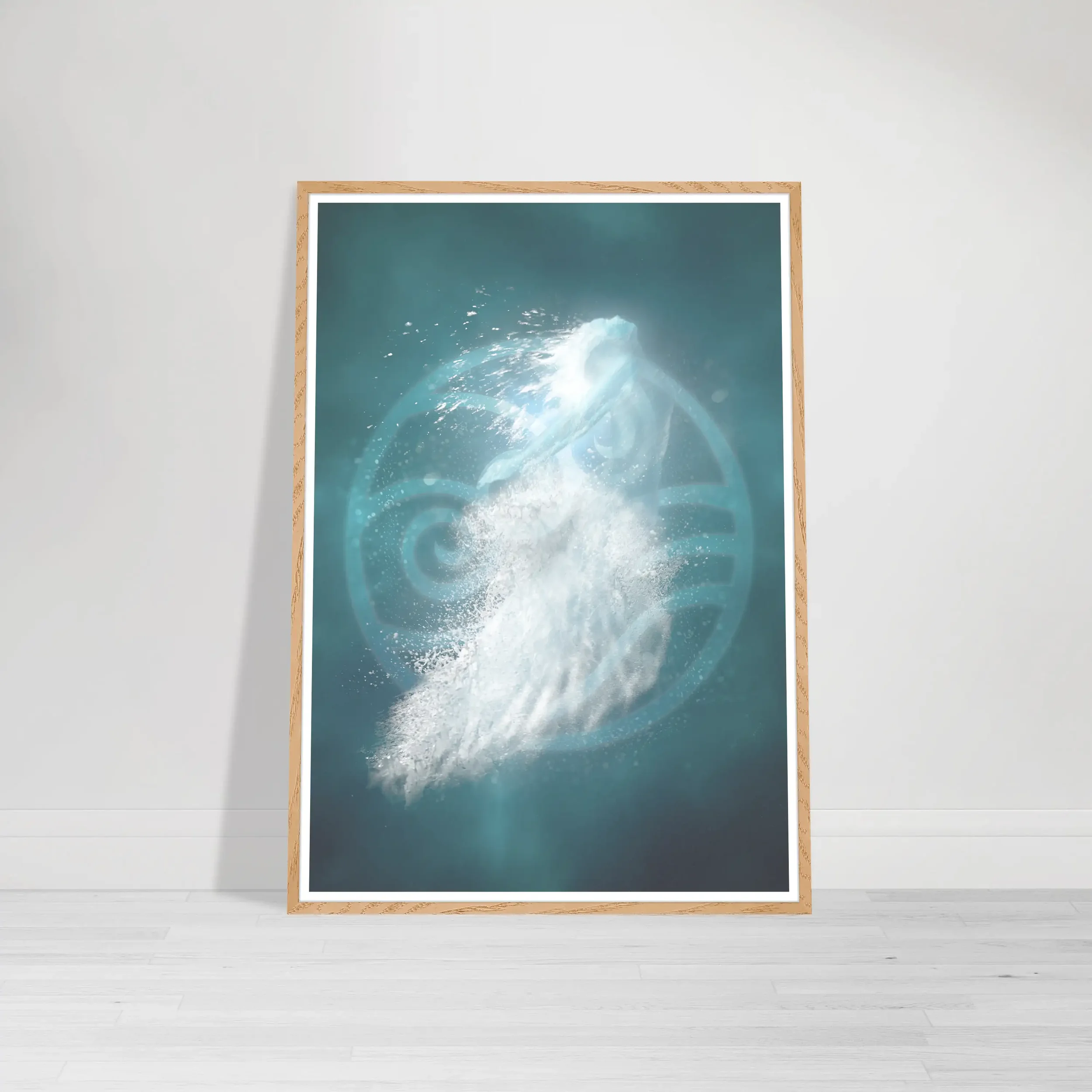 The Water Element print in a natural oak wooden frame, adding an organic, warm texture that grounds the ethereal teal and aquamarine composition.