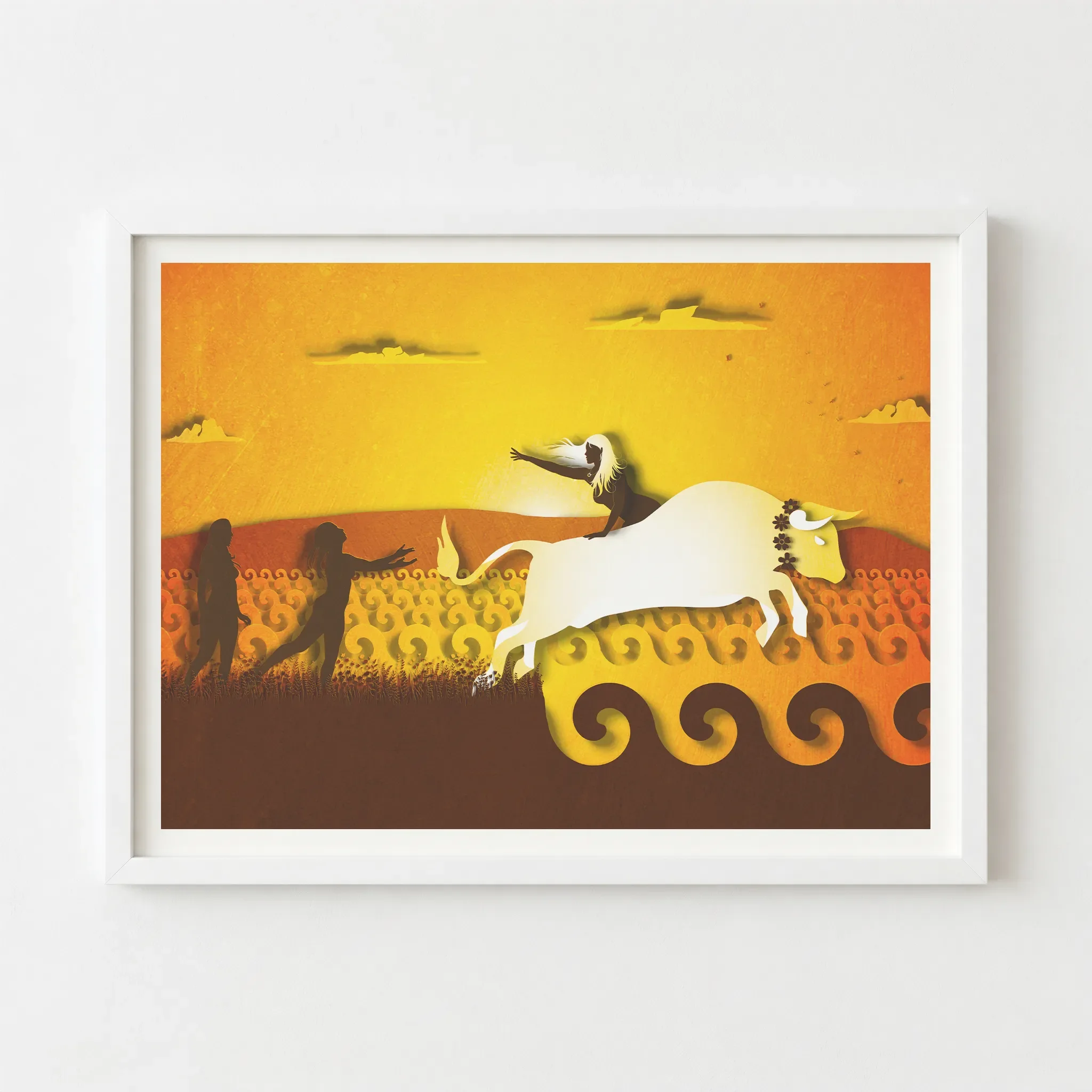 'Taurus' fine art print in a white frame, creating a crisp, airy aesthetic that emphasises the mythical and dreamlike quality of the golden landscape.