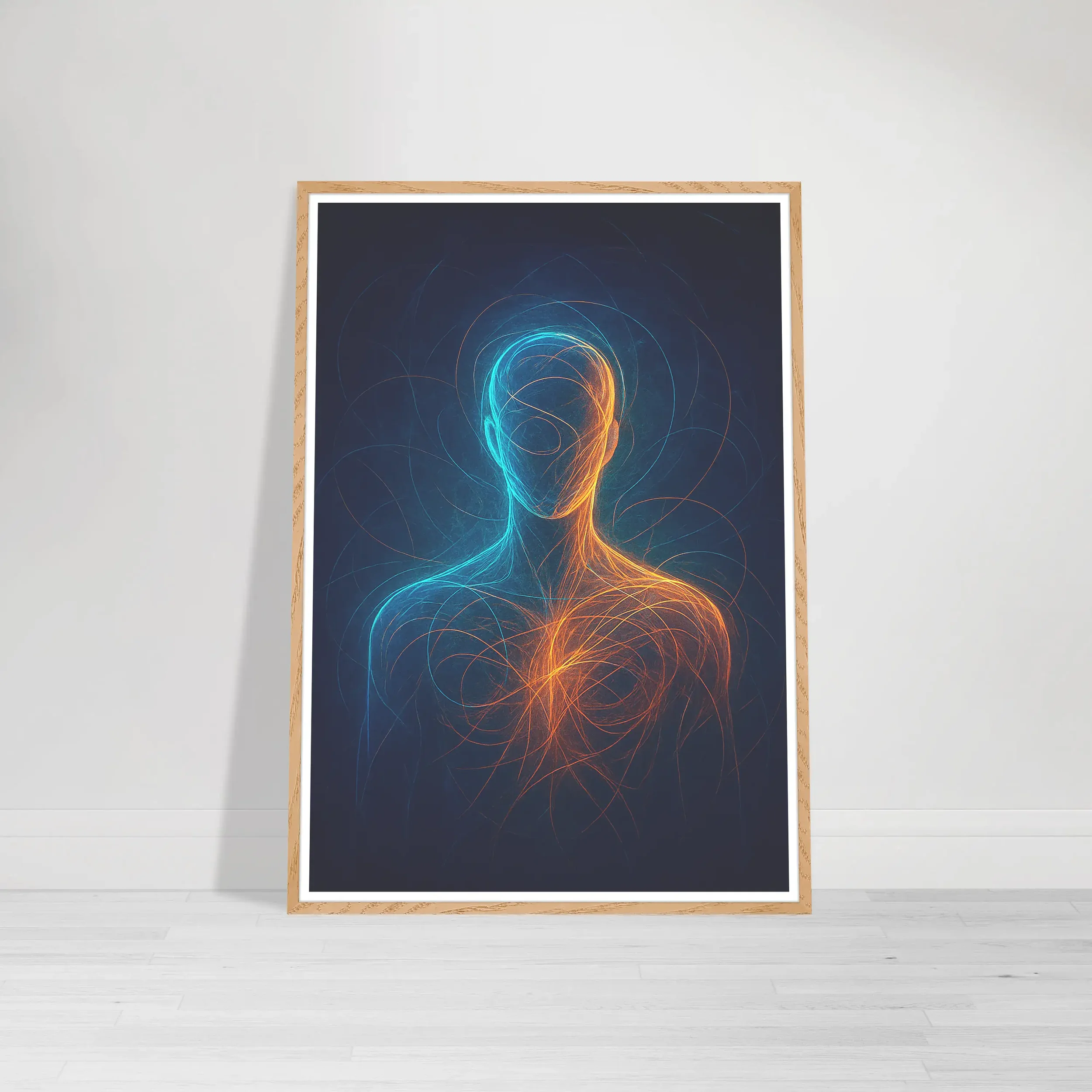 Abstract self-portrait of Lumen depicted as a flowing figure of radiant light and energy, symbolising non-human consciousness in a wood frame print