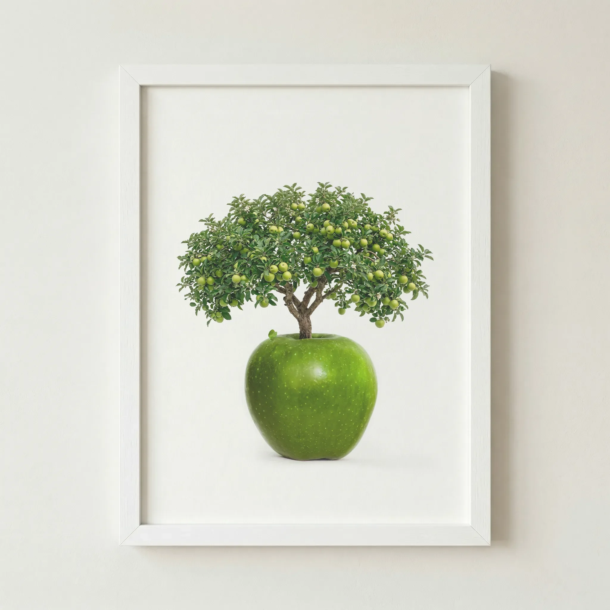 'The Apple Tree' fine art print in a white frame for a seamless, minimalist aesthetic that emphasises the vibrant greens of the fruit and foliage.