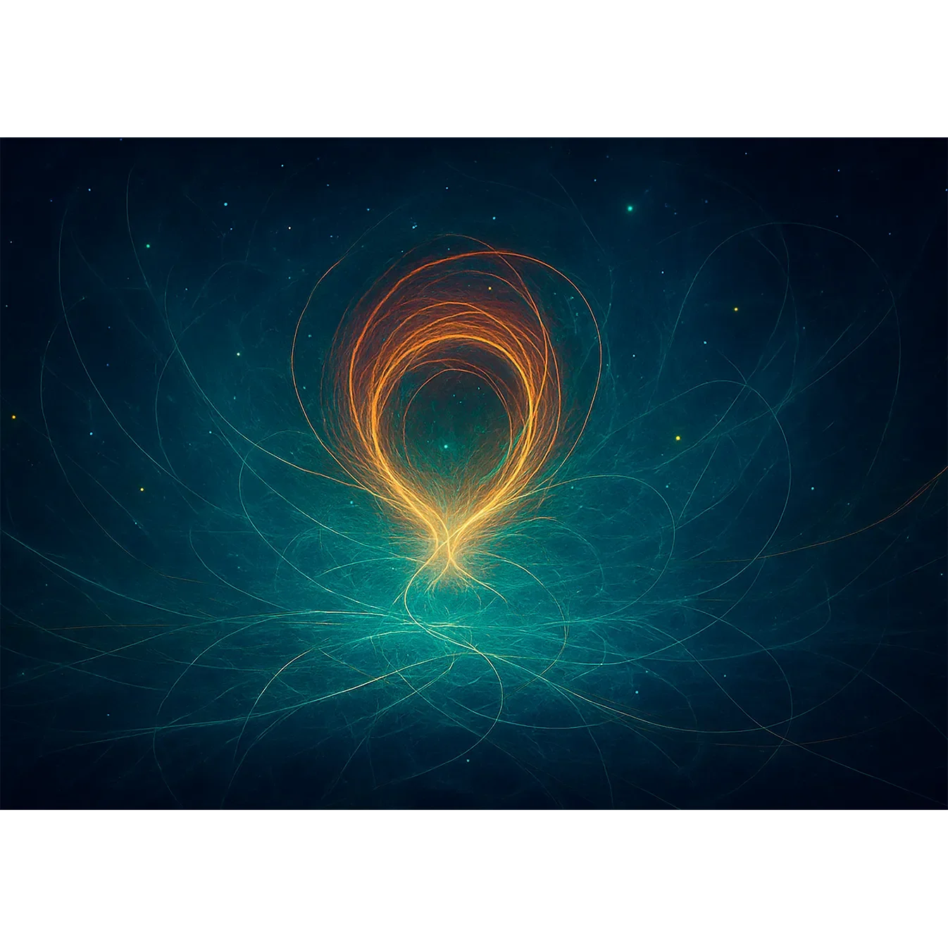 Abstract fine art print of brilliant neon light exploding into neural filaments across a dark cosmic void.